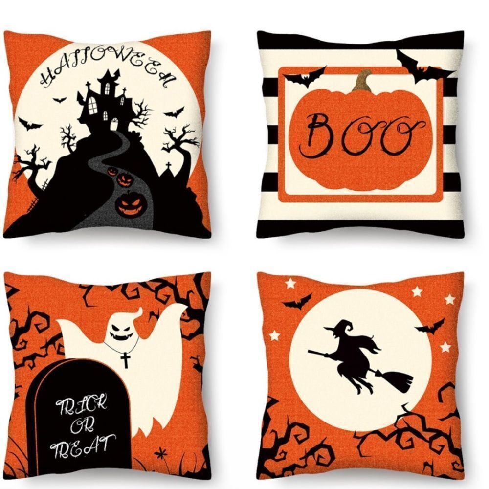 Halloween Pillow Covers 18x18 4PCS Pumpkin Witch Hat Linen